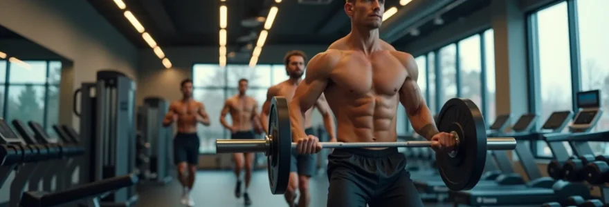Photo réaliste d'une séance d'entraînement combiné cardio et musculation dans une salle moderne, avec un éclairage cinématographique doux, un focus net sur les athlètes en action, textures détaillées des peaux et textiles, un bokeh naturel en arrière-plan et un usage subtil de l'espace négatif
