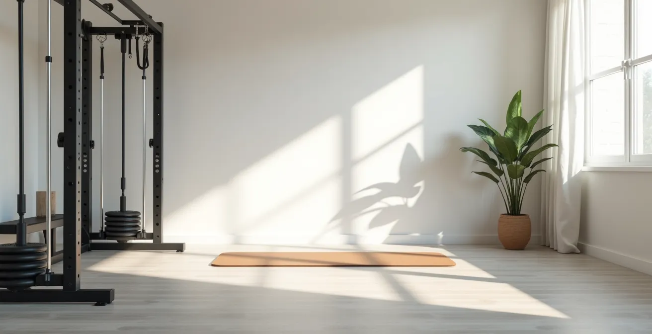 Photo environnementale minimaliste d'un espace d'entraînement à domicile épuré avec matériels de musculation et tapis de cardio, lumière naturelle douce