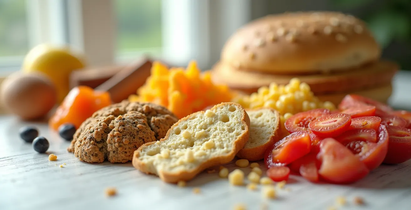 Photographie macro d'aliments riches en protéines, glucides et graisses saines, disposition harmonieuse sous éclairage naturel doux