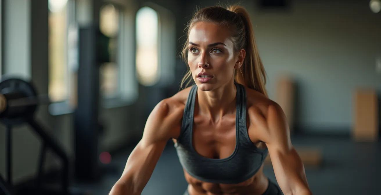 Image photographique mettant en scène une femme sportive en tenue d'entraînement, en posture dynamique, illustrant la silhouette tonique et affinée en environnement d'entraînement naturel