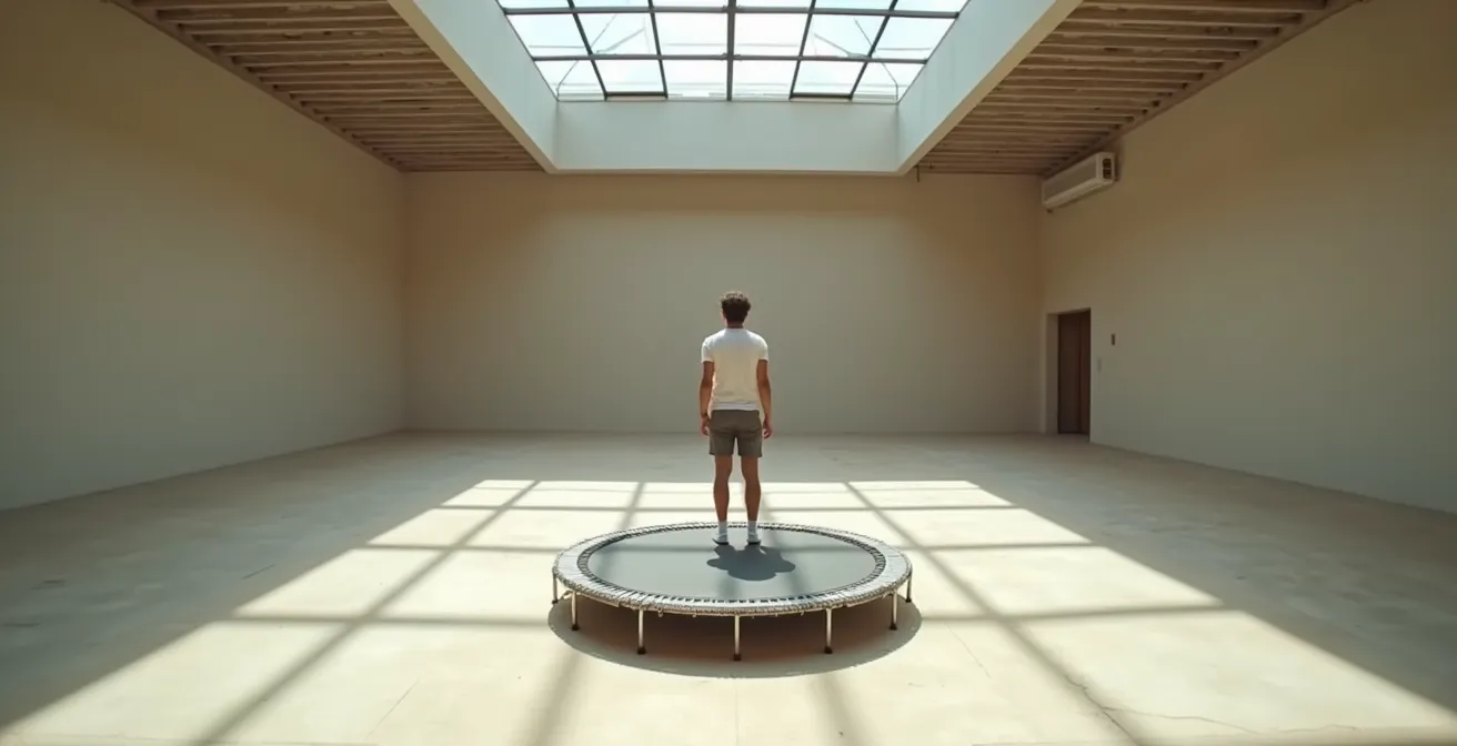 Vue aérienne d'une personne concentrée en position d'équilibre sur trampoline
