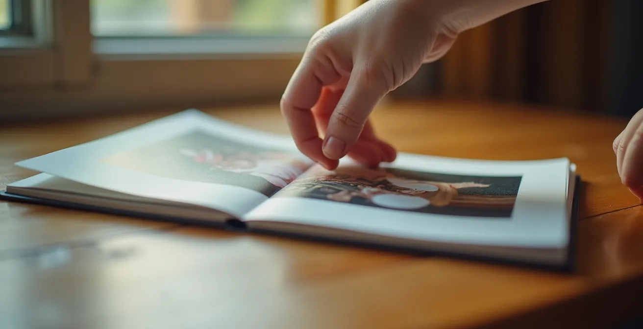 Mains d'enfant feuilletant un album photo coloré sur une table en bois