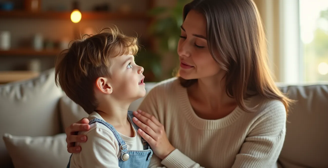 Parent et enfant en discussion bienveillante assis sur un canapé