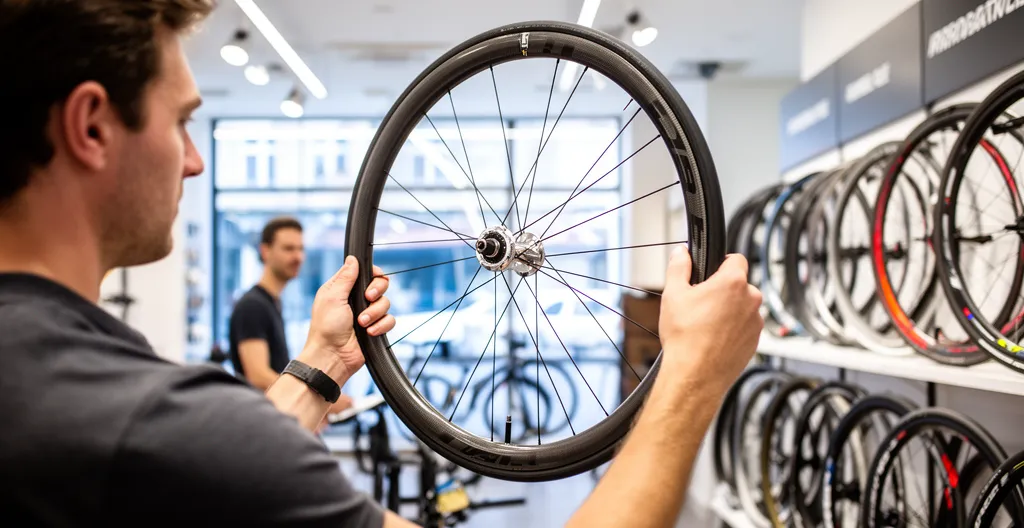 Client examinant une roue de vélo dans un magasin spécialisé
