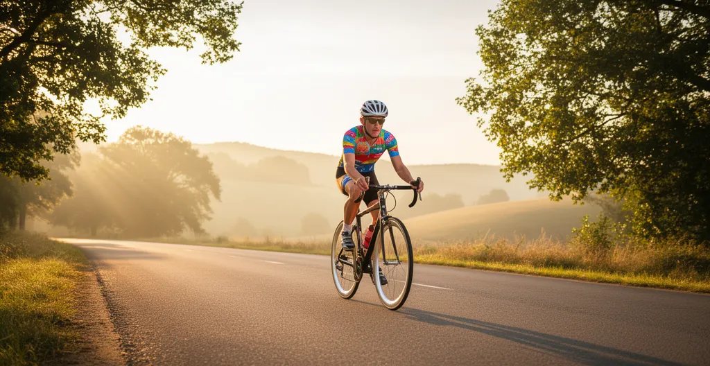 Cycliste amateur sur vélo de route équipé de roues aluminium sur route de campagne