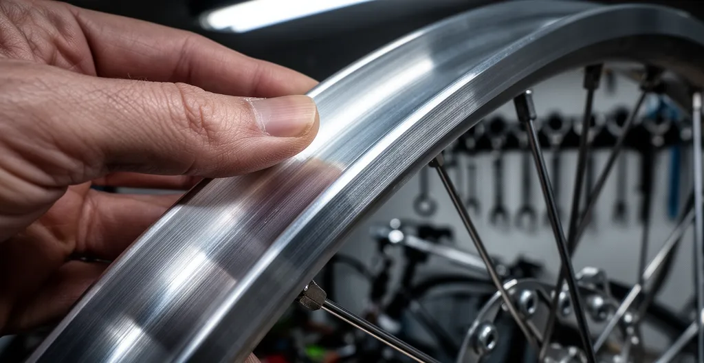 Doigts inspectant la surface d'une jante aluminium dans un atelier vélo